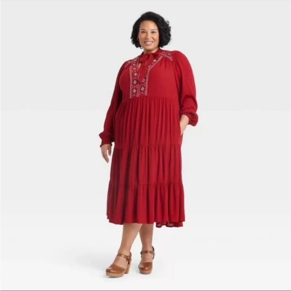 Knox Rose Rouge Embroidered Long Sleeve Red Dress with Pockets - Picture 1 of 4